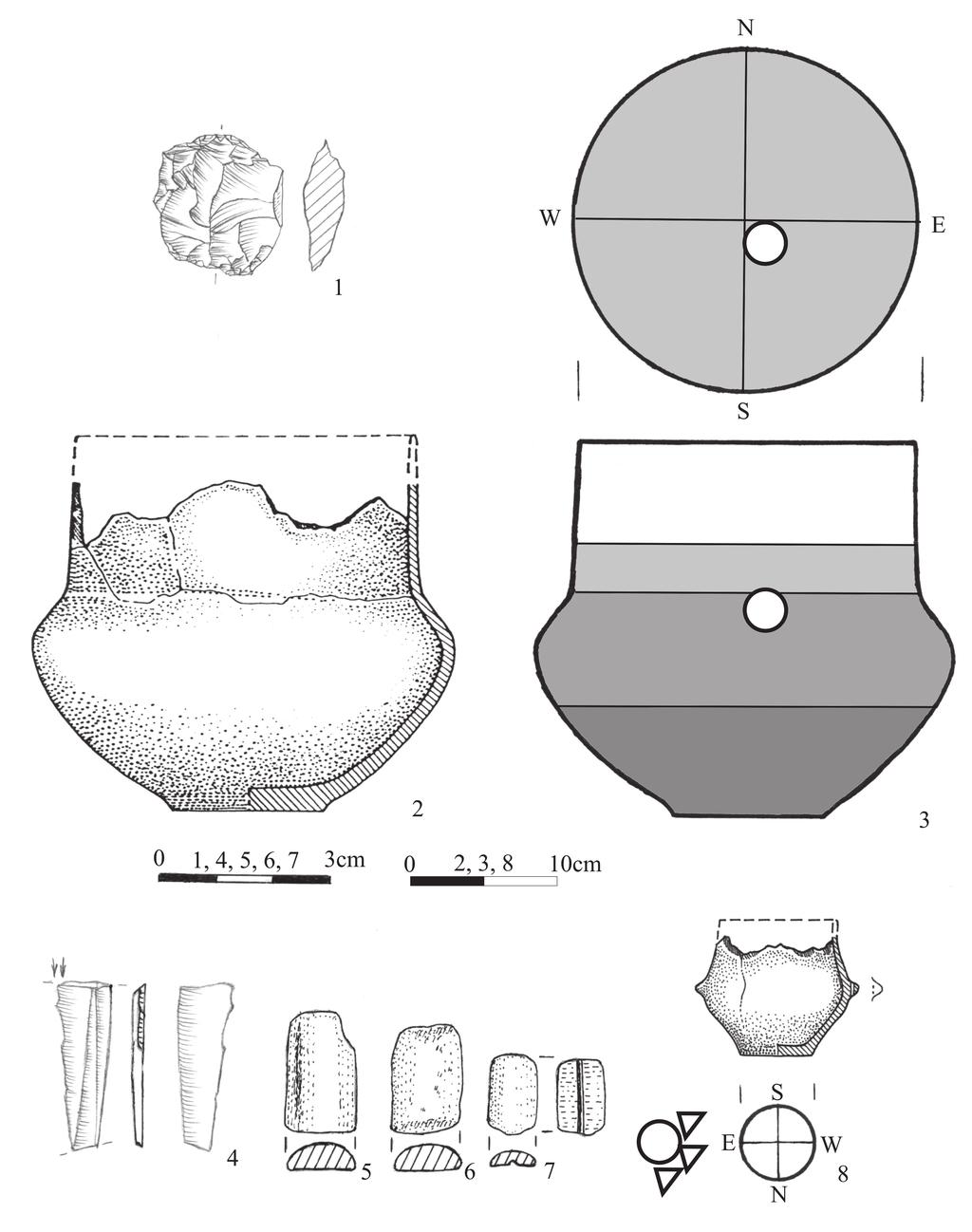 Ryc. 4. Perespa, pow. Tomaszów Lubelski, stan. 54. Lokalizacja krzemienia (a) w grobie nr 9 (a c). Lokalizacja skupiska belemnitów (e g) i krzemienia (d) obok grobu nr 5 (d h).