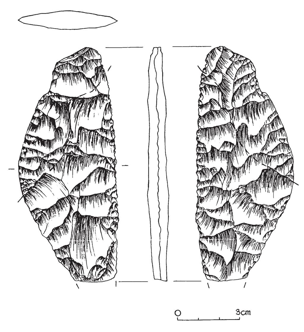 Ryc. 8. Pokrówka, pow. Chełm, stan. 3. Uszkodzony nóż sierpowaty, znaleziony na terenie cmentarzyska. Rys. E. Hander Abb. 8. Pokrówka, Kr. Chełm, Fst. 3. Im Bereich des Gräberfeldes gefundenes, beschädigtes Sichelmesser.