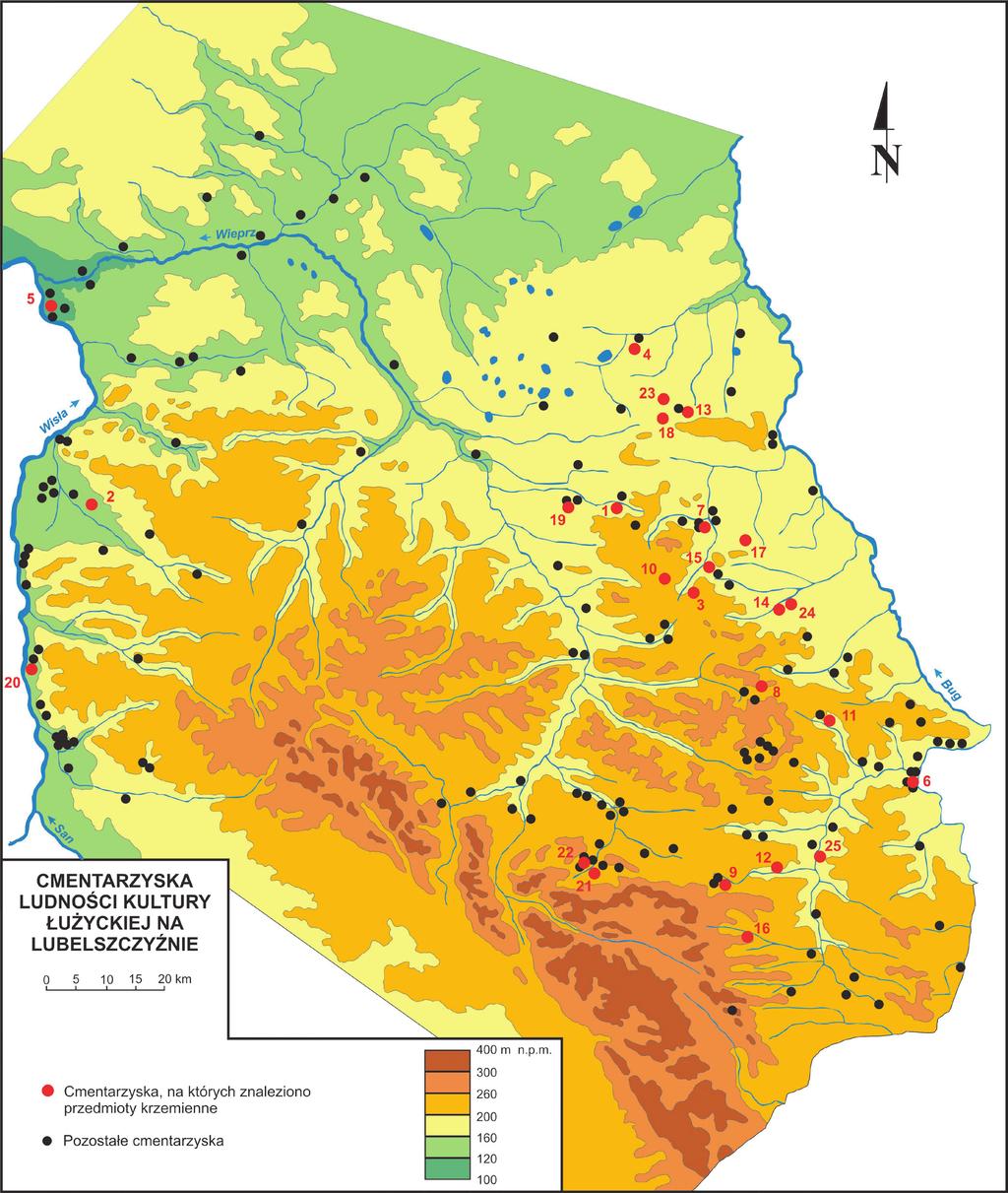 Ryc. 1. Mapa cmentarzysk pewnych i domniemanych ludności kultury łużyckiej na Lubelszczyźnie.