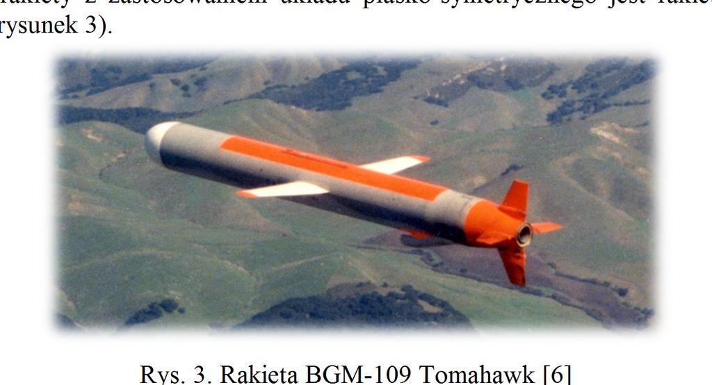 MECHANIK 7/2015 Przykładem rakiety z zastosowaniem układu płasko-symetrycznego jest rakieta BGM-109 Tomahawk (rysunek 3)