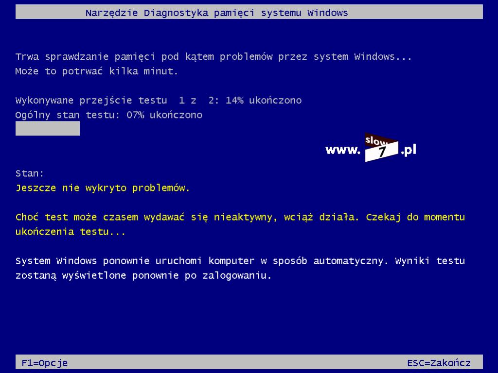 3 (Pobrane z slow7.pl) Po uruchomieniu testu poprzez wybranie klawisza F1 mamy dostęp do opcji przeprowadzanego testu.