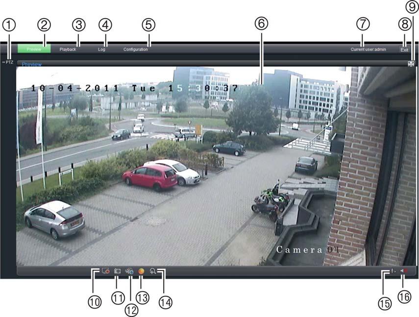 Rozdział 3: Konfigurowanie sieci i transmisji strumieniowej Przegląd okna przeglądarki internetowej kamery Okno przeglądarki internetowej kamery umożliwia wyświetlanie, nagrywanie i odtwarzanie