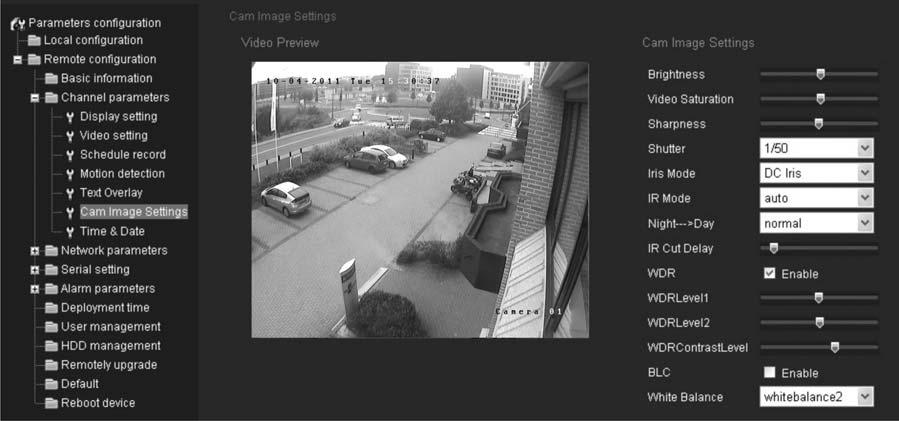 Rozdział 4: Konfigurowanie kamery Rysunek 18: Menu ustawień obrazu kamery (tu: ekran kamery 4CIF) Parametr Brightness (Jasność) Video saturation (Nasycenie obrazu wideo) Sharpness (Ostrość) Shutter
