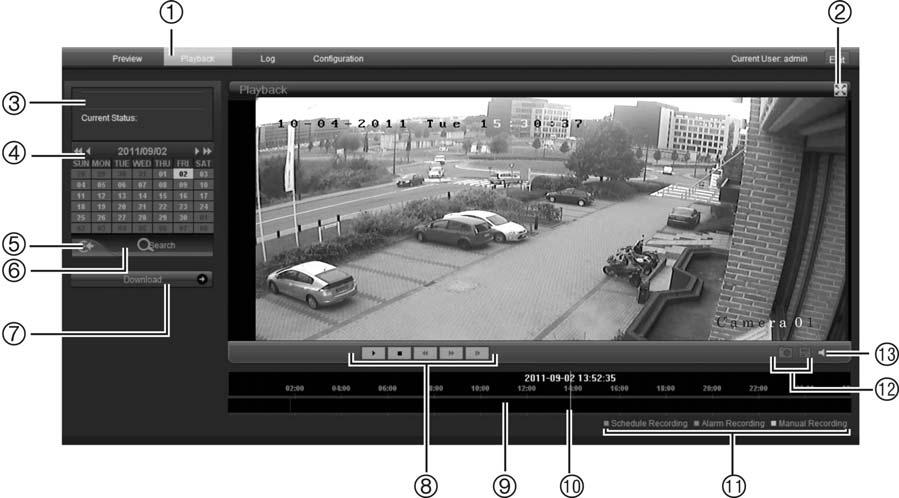 Rozdział 6: Obsługa kamery Rysunek 21: Ekran odtwarzania Element Nazwa Opis 1. Przycisk odtwarzania Kliknij, aby otworzyć okno odtwarzania. 2. Pełny ekran.