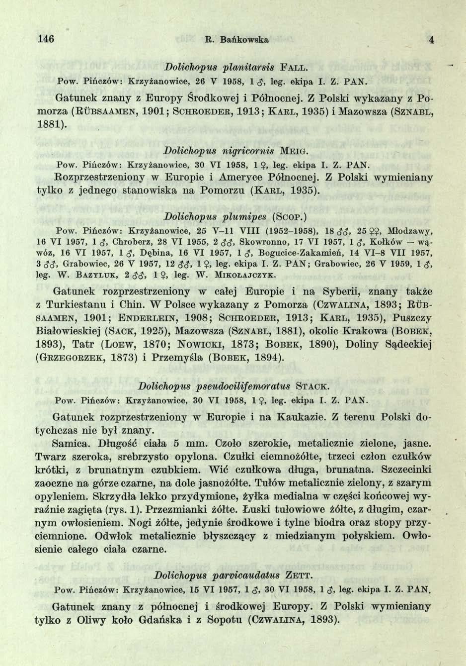 146 R. B ańkow ska 4 Dolichopus planitarsis P a ll. Pow. Pińczów: Krzyżanow ice, 26 V 1958, 1 d> leg. ekipa I. Z. PAN. Gatunek znany z E uropy Środkowej i Północnej.