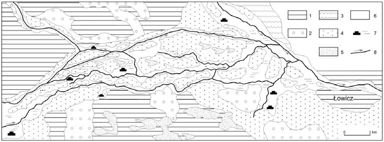 RYSUNEK 2. Budowa geologiczna dna pradoliny i system wielokorytowy Bzury na początku XIX wieku.