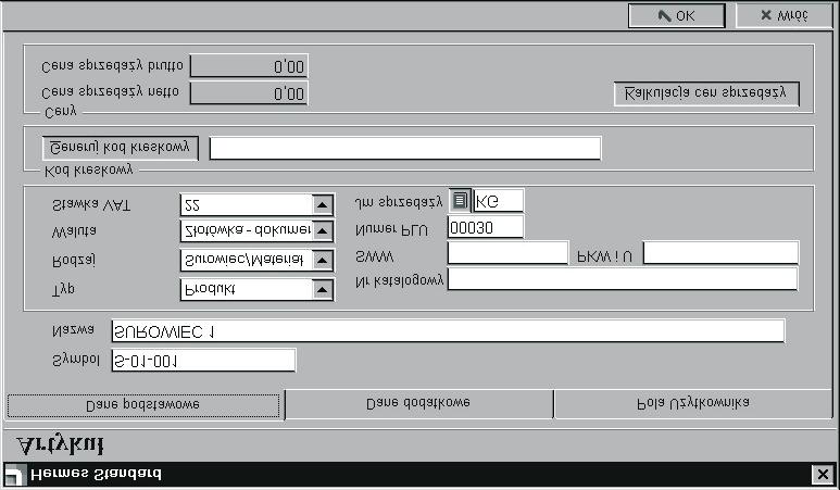 Jeżeli chcemy wprowadzić nowy surowiec/materiał lub odpad, typem artykułu konieczne musi być Produkt. Jest to wartość domyślna pierwszego selektora. W następnym selektorze określamy rodzaj produktu.