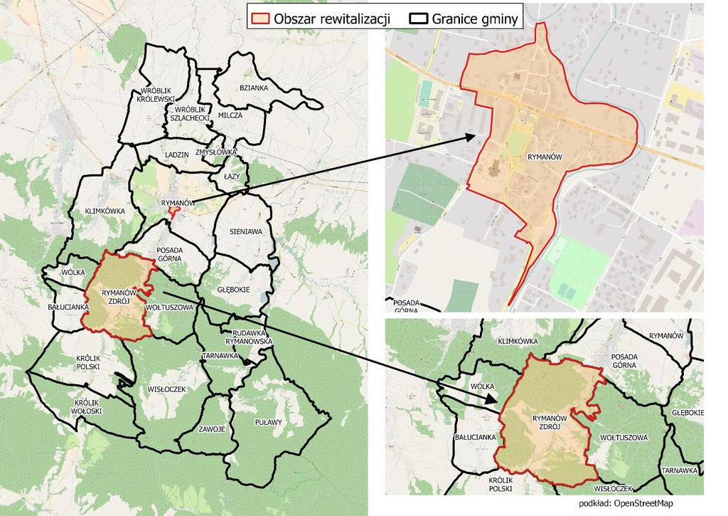 Rysunek 14 Obszar rewitalizacji w gminie Rymanów Źródło: Opracowanie własne W wyniku analizy danych wskaźnikowych oraz badań społecznych i jakościowych na wyznaczonym obszarze zidentyfikowano