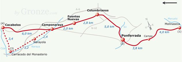 Etap 24 Molinaseca - Cacabelos (23.3 km) Campo Wys.: 555 m.n.p.m. Do Ponferrada: 3.6 km Do Santiago de Compostela: 208.1 km Cicha, w dobrym stanie wioska, z kilkoma pomnikami wokół głównego placu.
