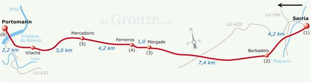 Etap 28 Sarria - Portomarin (23 km) Barbadelo Do Morgade: 7.5 km Do Santiago de Compostela: 108.6 km 1. Albergue de la Xunta: 18 miejsc, cena: 6, przy camino, tel.