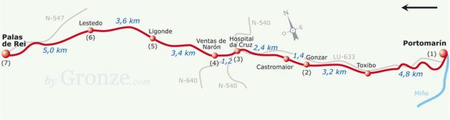 Etap 29 Portomarin - Palas de Rei (24.6 km) Wyjście z Portomarin: należy zejść na dół do głównej drogi, skręcić w lewo, przejść żelazną kładką dla pieszych nad rzeką i dalej przez las.