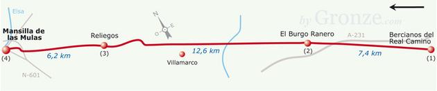 Etap 18 Bercianos del Real Camino - Mansilla de las Mulas (26.5 km) El Burgo Ranero Mieszk.: 330 Wys.: 878 m.n.p.m. Do Reliegos: 12.8 km Do Santiago de Compostela: 345.