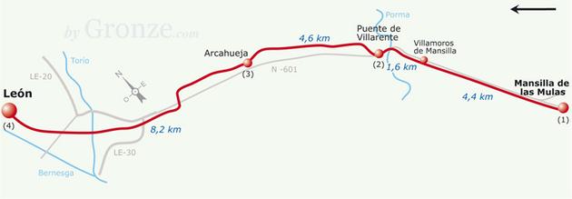 Etap 19 Mansilla de las Mulas - Leon (18.4 km) Półtora kilometra za Mansilla de las Mulas, za rzeką Eslą, odchodzi alternatywna droga o nieco większych walorach artystycznych.