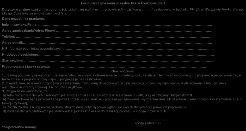 Formularz zgłoszenia uczestnictwa w konkursie ofert Dotyczy wynajmu części nieruchomości: Lokal mieszkalny nr o powierzchni użytkowej.. m 2 usytuowany w budynku PP SA w Warszawie Rynku Starego Miasta.