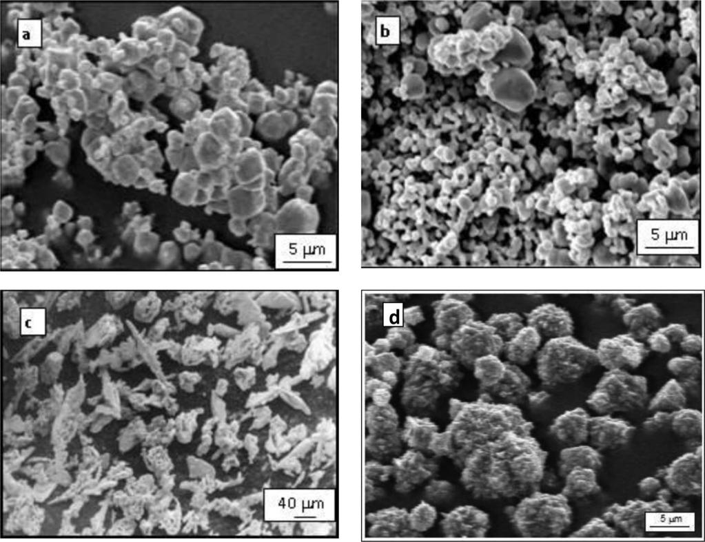 607 Fig. 1. SEM micrographs of: a) tungsten, b) molybdenum, c) silver and d) nickel powders W+5wt-%Ag and Mo-5wt-%Ag mixtures were prepared by tumbling the powders for 30 minutes.