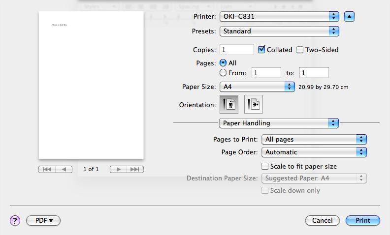 Panel [Obsługa papieru] (Paper Handling) Pages to Print (Pages to Print) Kolejność stron (Page Order) Skaluj do rozmiaru papieru (Scale to fit paper size)
