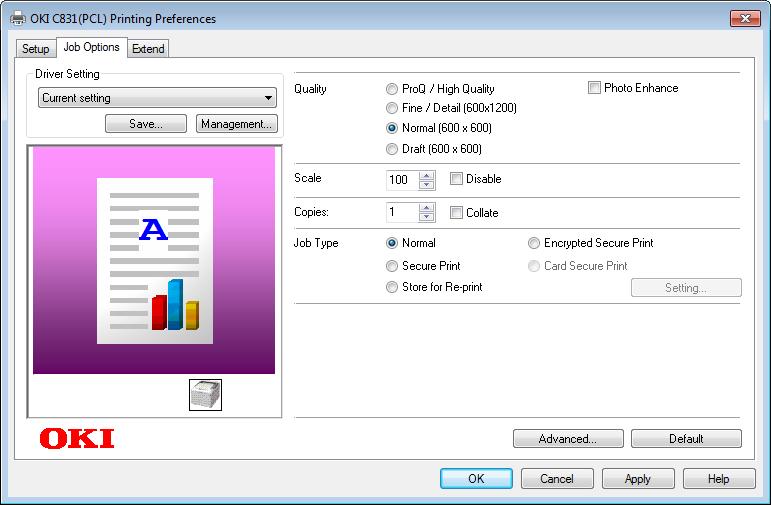 Sterownik PCL w systemie Windows Karta [Konfiguracja] (Setup) Default (Default) Przywraca domyślne ustawienia sterownika drukarki tylko dla tej karty.