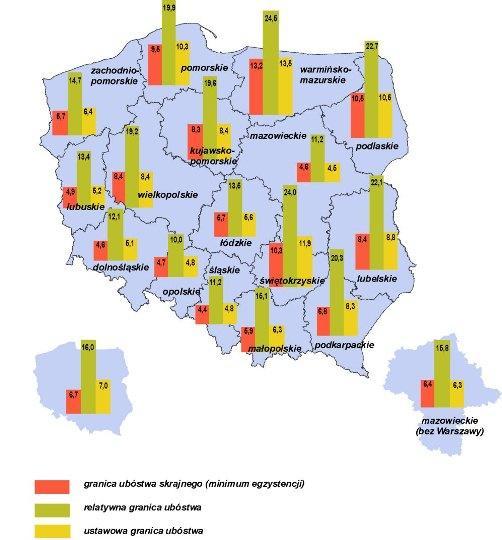 W ujęciu wojewódzkim w 2012 r. stopa ubóstwa skrajnego przybierała wartości od ok. 4% do ok. 13%.