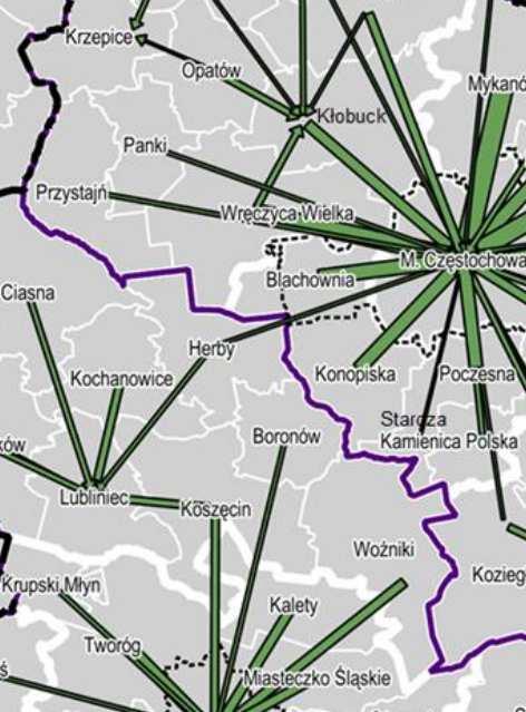 Kierunki i natężenie powiązań powyżej 50 uczniów w zakresie dojazdów do szkół ponadgimnazjalnych w subregionie północnym.