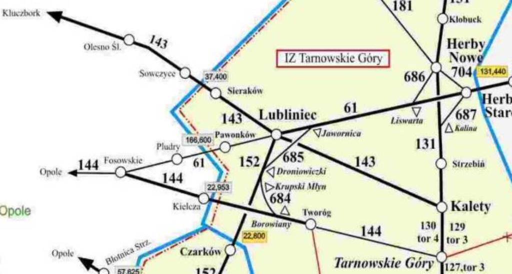 Schemat linii kolejowych w zarządzie PKP PLK S.A. w województwie śląskim.