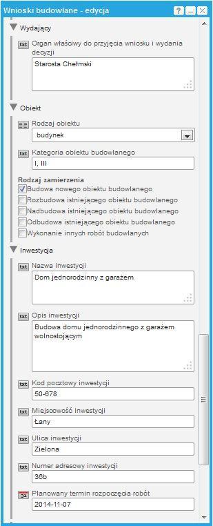 Poszczególne atrybuty wniosku pogrupowane są w tematy.