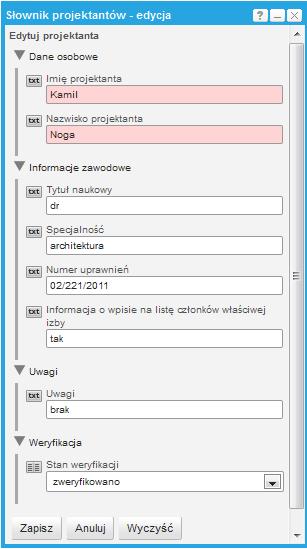 2.8.2. Słownik projektantów edycja Słownik projektantów zawiera informacje dotyczące projektantów figurujących w projektach budowlanych.