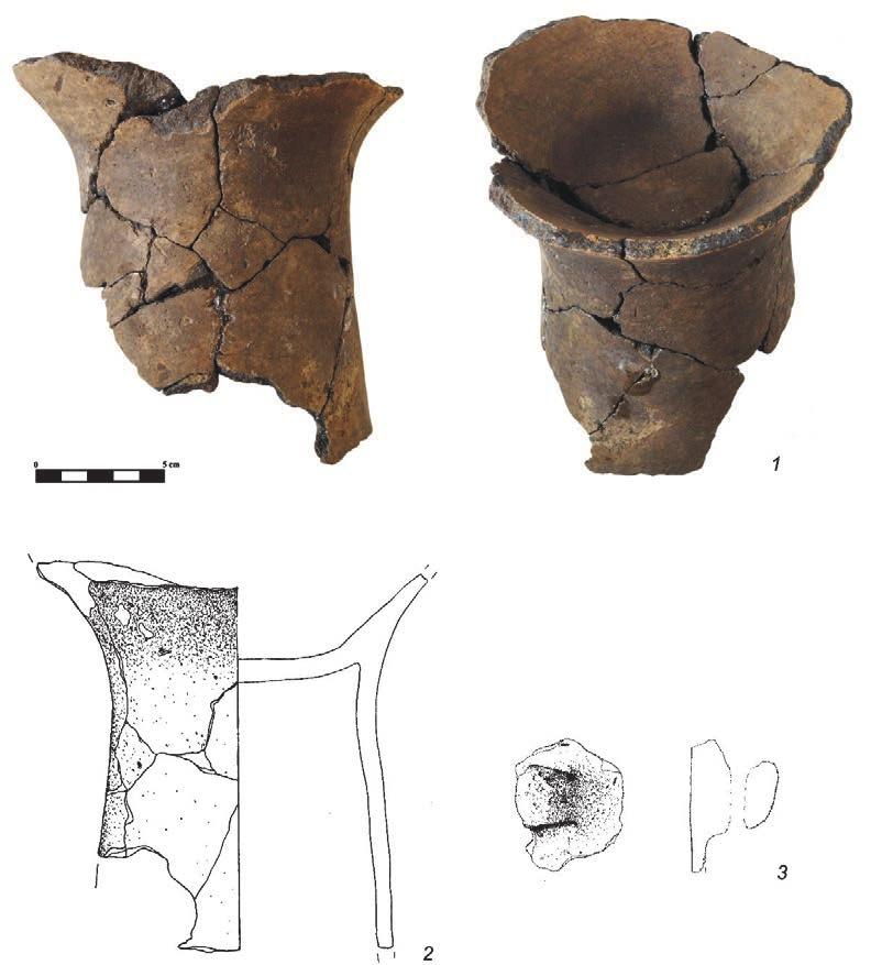 106 Ryc. 4. Ceramika z ob. 1:1. i 2. misa na pustej nóżce, rys. Joanna Religa, fot. Agnieszka Susuł; 3. ucho naczynia, rys. Joanna Religa Fig.