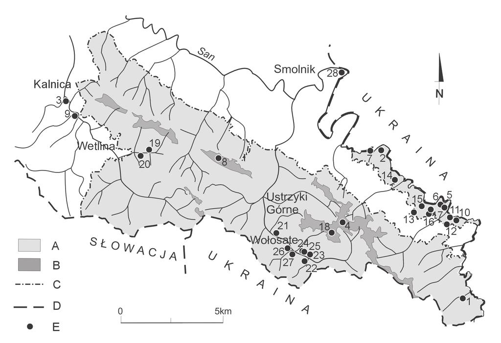 100 ROCZNIKI BIESZCZADZKIE 2012 (20) Ryc. 1. Mapa rozmieszczenia badanych stanowisk.