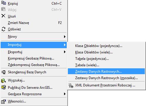Jak importować pliki do Geobazy? W ArcCatalog w menu kontekstowe Geobazy plikowej (PPM) poleceniem Importuj (rys. 18).