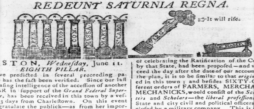 Ilustracja z łacińskim mottem Redeunt Saturnia Regna, opublikowana 11 czerwca 1788. Źródło: 1http://teachingamericanhistory.org/ratification/federalpillars/, z dn. 31.01.2017.