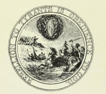 Wyobrażenie rewersu pierwszego projektu pieczęci. Ilustracja pochodzi z 1856 r., została wykonana przez Pierre Eugene Du Simitiere a. Źródło: Washington D.C.