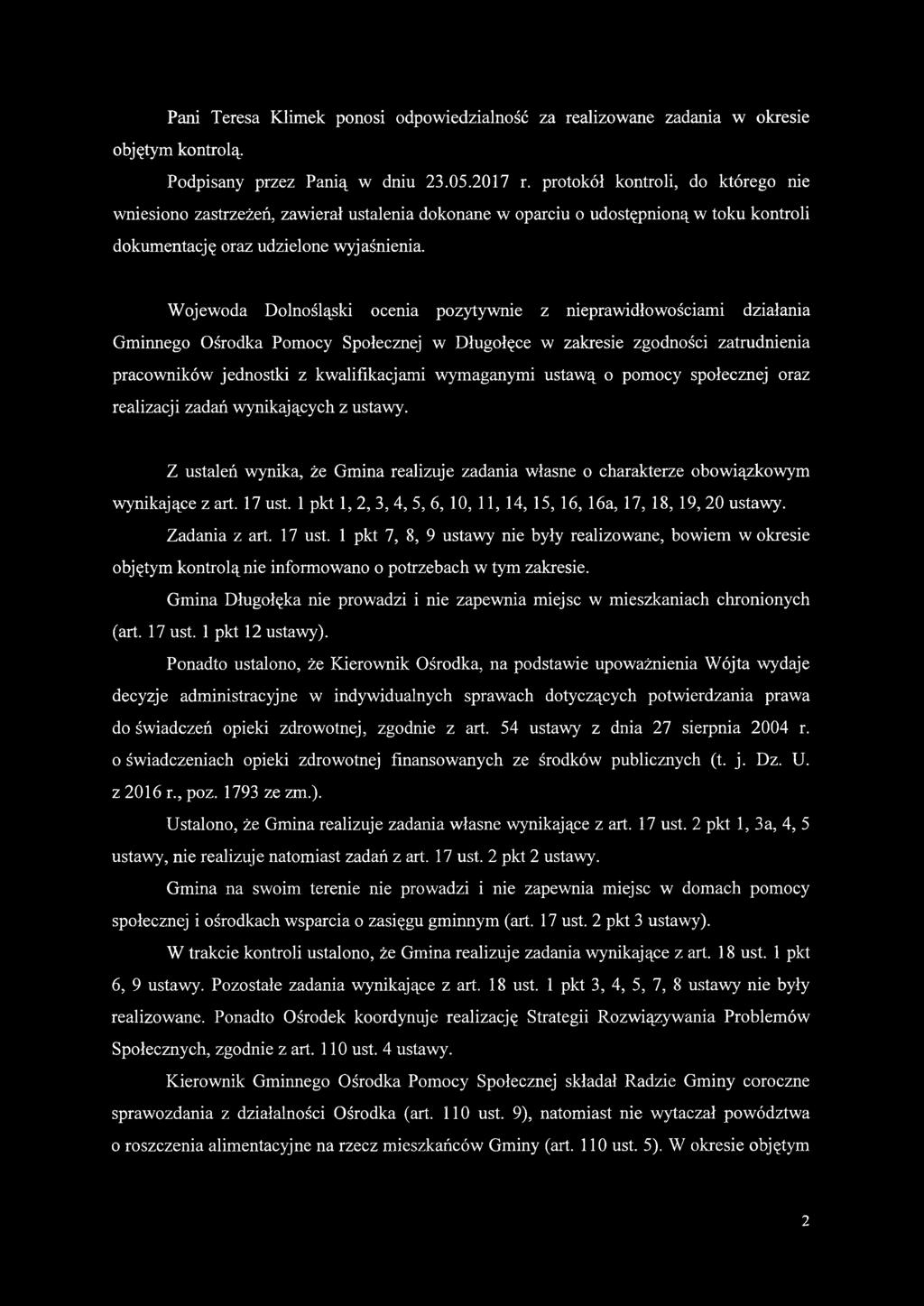 Wojewoda Dolnośląski ocenia pozytywnie z nieprawidłowościami działania Gminnego Ośrodka Pomocy Społecznej w Długołęce w zakresie zgodności zatrudnienia pracowników jednostki z kwalifikacjami