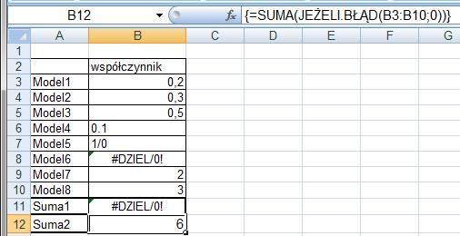 Jeżeli chcemy zsumować dane w których potencjalnie może wystąpić jakiś błąd możemy użyć wielu funkcji JEŻELI.BŁĄD(), jak w poniższym przykładzie: =JEŻELI.BŁĄD(B3;0)+JEŻELI.