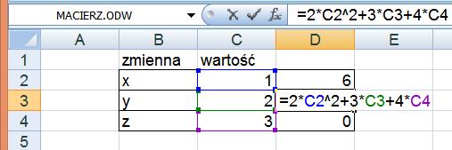 1,2,3) natomiast w komórkach D2:D4 wpisujemy aktualny wynik dla prawej strony równań wyznaczony z 3 kolejnych równań: W opcjach