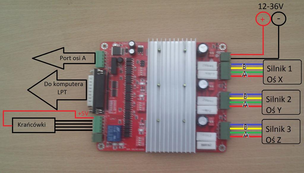 Podłączenie silników i zasilania do płytki Schemat 1 1.Silniki Układ obsługuje tylko cztero-przewodowe bipolarne silniki krokowe.
