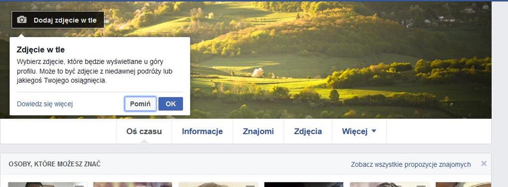 Po ustaleniu zdjęcia profilowego lub wybraniu Pomiń pojawi się prośba o ustawienie zdjęcia dla tła
