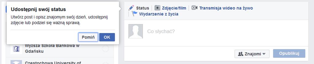gdzie chodziłeś do szkoły, z jakiej jesteś miejscowości itd. Jeśli wybierzemy Pomiń to komunikat zniknie, natomiast dane te będzie mogli nadal uzupełnić po stronie lewej.
