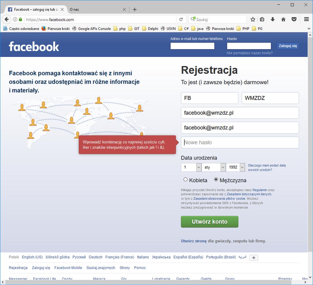 [3/59] Facebook pierwsze kroki Wypełniamy pola formularza. Ważne jest aby dla konta prywatnego imię i nazwisko były rzeczywiste.
