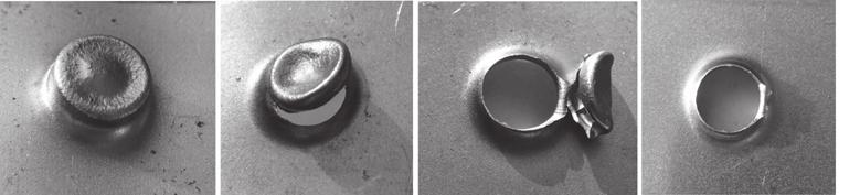 5. The external and internal characteristics of formed round joint made of 0.7 mm sheets: a) view from a punch side, b) flash on a die side, c) joint cross-section. a) b) c) d) Rys. 6.