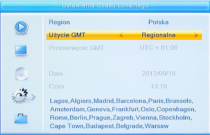 Region: Użycie GMT: Umożliwia zmianę ustawień regionu. Umożliwia użycie czasu GMT. Funkcja umożliwia wyłącznie czasu GMT, użycie zdefiniowanego czasu badź regionalnego.