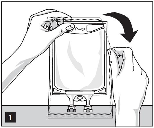 W celu otwarcia: Wyjąć worek z opakowania ochronnego rozdzierając nacięcia na górze i wyjąć pojemnik z roztworem (rysunek 1). Usunąć opakowanie ochronne i absorber tlenu.