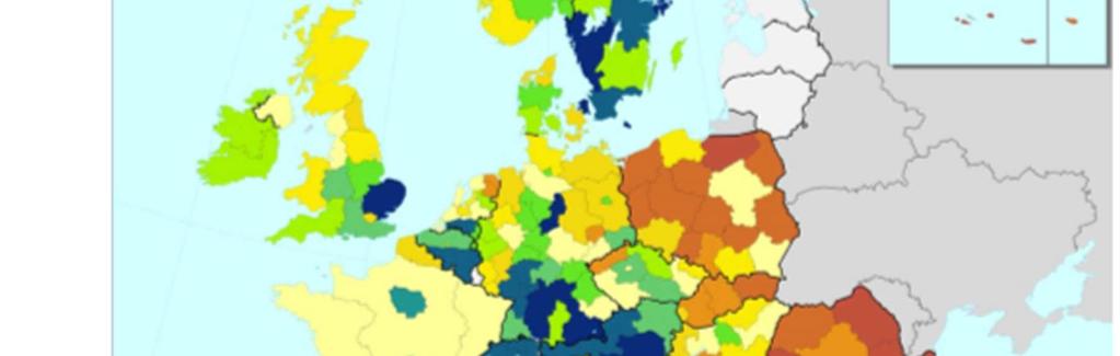 Regiony z najwyższym wynikiem znajdują się w Austrii, Danii,