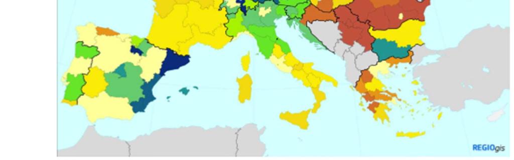 W Europie dominują regiony z umiarkowanymi wynikami, a poziom regionów jest relatywnie słaby w Serbii,