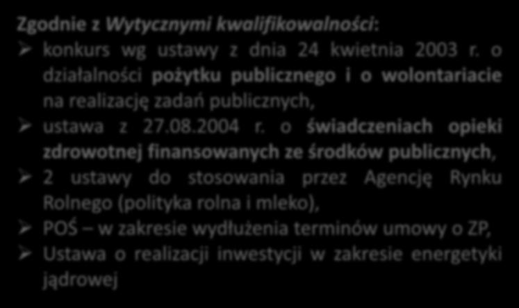 Co jeszcze dla tych co stosują PZP w przypadku zwolnień z PZP? Zgodnie z Wytycznymi kwalifikowalności: konkurs wg ustawy z dnia 24 kwietnia 2003 r.