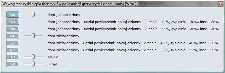 Zestawienie przykładowych zysków ciepła w mieszkaniu typ zysków ciepła W/m 2 zyski od mieszkańca 1,7 ciepła woda na mieszkańca 0,9 ciepła woda na mieszkanie 0,5 gotowanie na