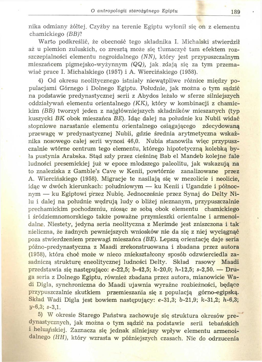 O a n tro p o lo g ii s ta r o ży tn e g o E g ip tu 189 nika odmiany żółtej. Czyżby na terenie Egiptu wyłonił się on z elementu chamickiego (BB)? Warto podkreślić, że obecność tego składnika I.