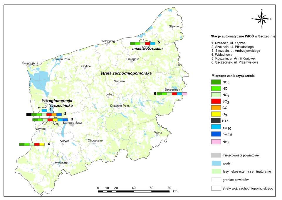 Mapa 4.1.2a. Lokalizacja stacji i stanowisk pomiarów automatycznych zanieczyszczeń powietrza w województwie zachodniopomorskim w latach 2014-2015r.