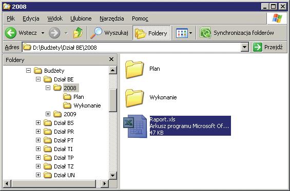 Aby sprawdzić wykonanie budżetu dla innego roku czy działu: 1. W systemie Windows otwórz folder zawierający plik raportu. Okno folderu systemu Windows zawierające plik raportu Rys. 4 2.