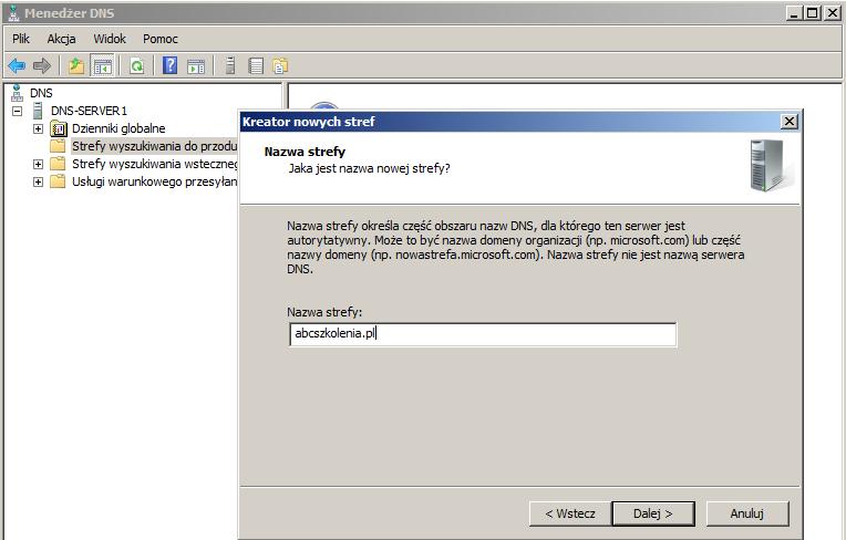 przestrzeni nazw lub jej fragmentu. Oznacza, to że serwer ten jest w stanie rozwiązać wszystkie nazwy znajdujące się w domenie abcszkolenia.pl.