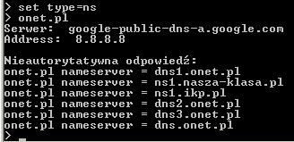 np: set type=ns - spowoduje to odpytanie o serwery DNS obsługujące daną domenę set